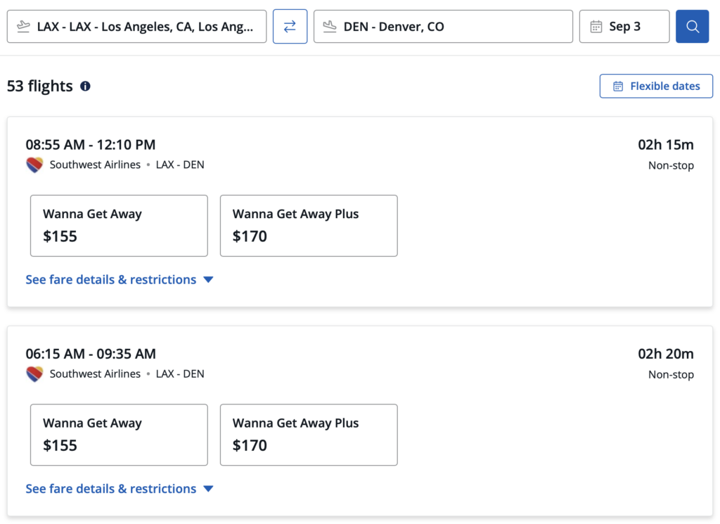 Chase Travel results for Southwest flights.